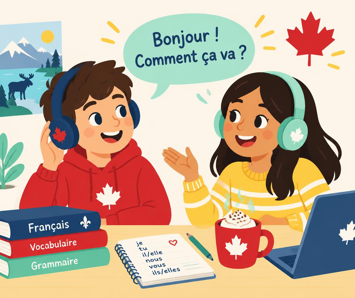 Two kids practicing French with headphones